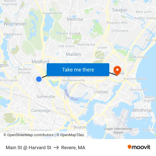 Main St @ Harvard St to Revere, MA map