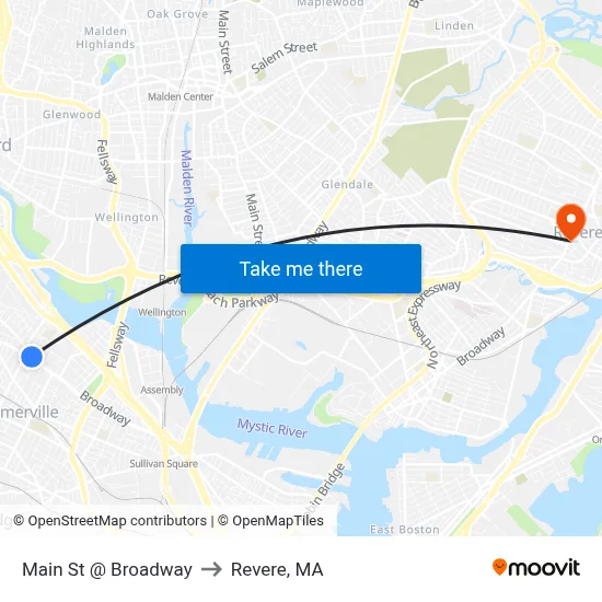 Main St @ Broadway to Revere, MA map