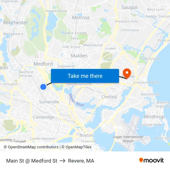 Main St @ Medford St to Revere, MA map