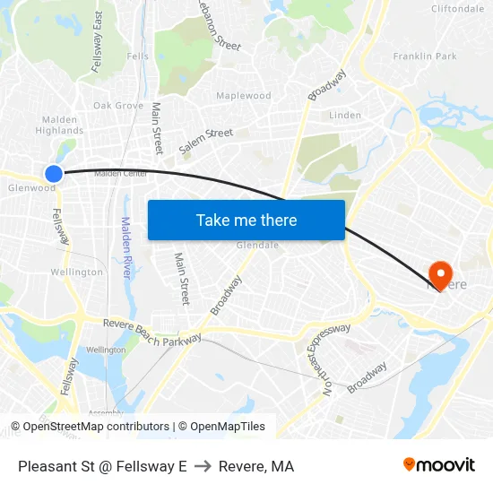 Pleasant St @ Fellsway E to Revere, MA map