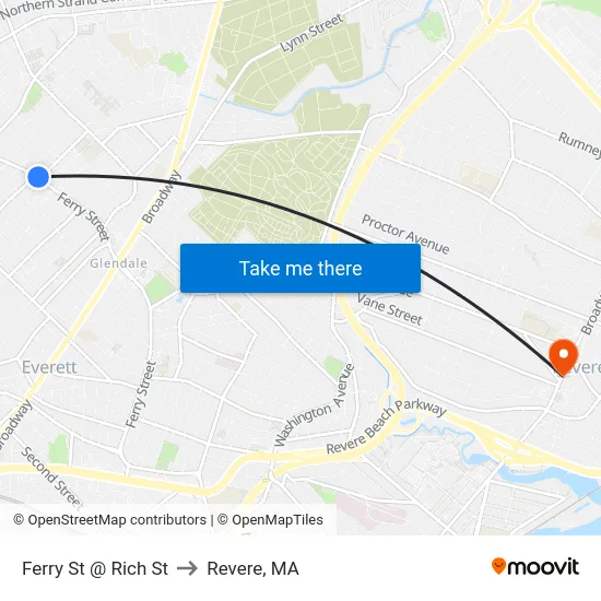 Ferry St @ Rich St to Revere, MA map