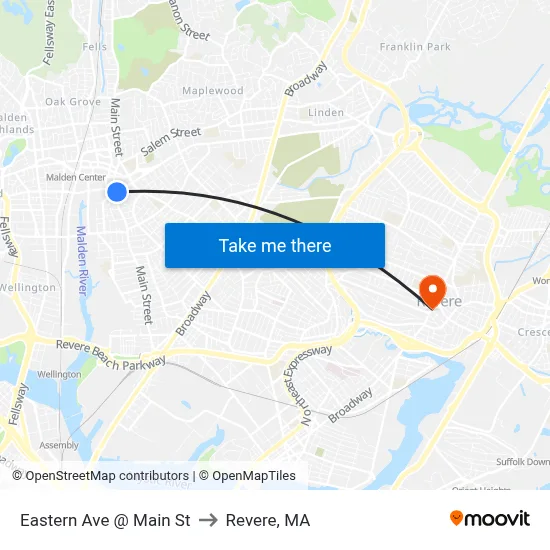 Eastern Ave @ Main St to Revere, MA map