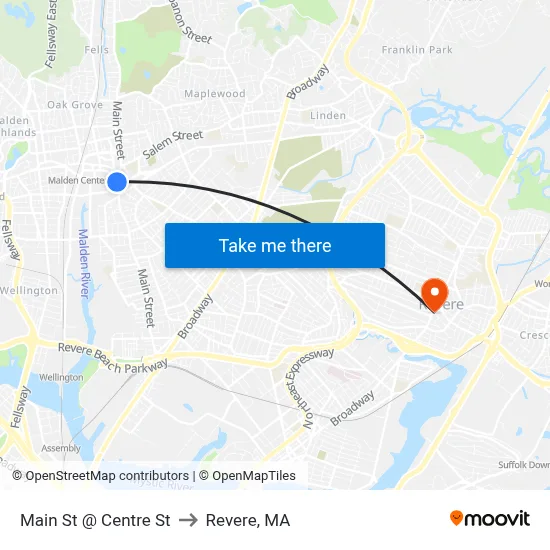 Main St @ Centre St to Revere, MA map