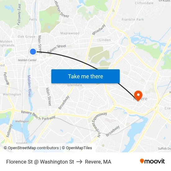 Florence St @ Washington St to Revere, MA map