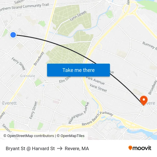 Bryant St @ Harvard St to Revere, MA map