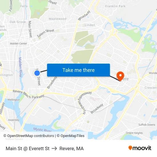 Main St @ Everett St to Revere, MA map