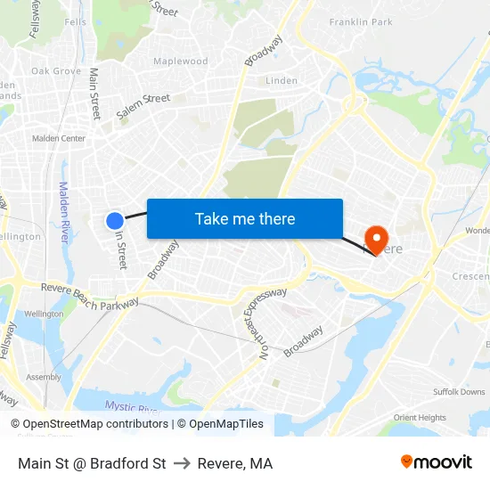 Main St @ Bradford St to Revere, MA map