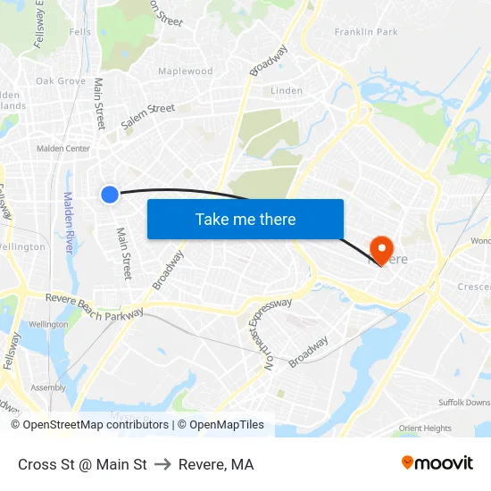 Cross St @ Main St to Revere, MA map