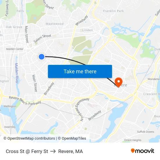 Cross St @ Ferry St to Revere, MA map
