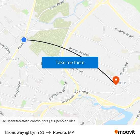 Broadway @ Lynn St to Revere, MA map