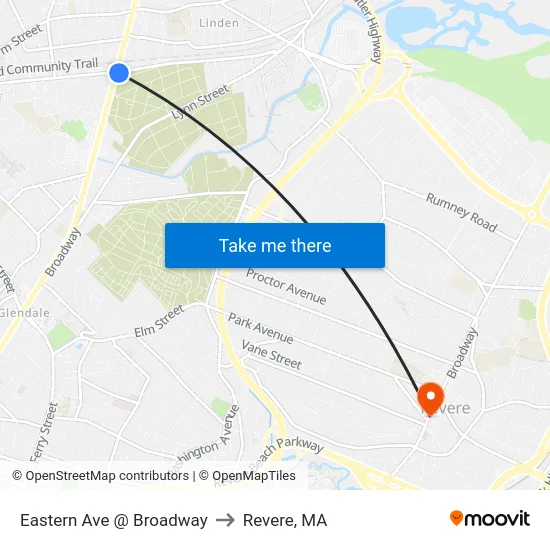 Eastern Ave @ Broadway to Revere, MA map
