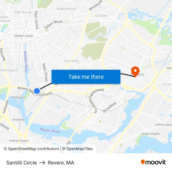 Santilli Circle to Revere, MA map