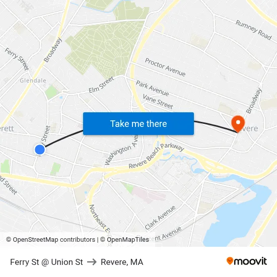 Ferry St @ Union St to Revere, MA map