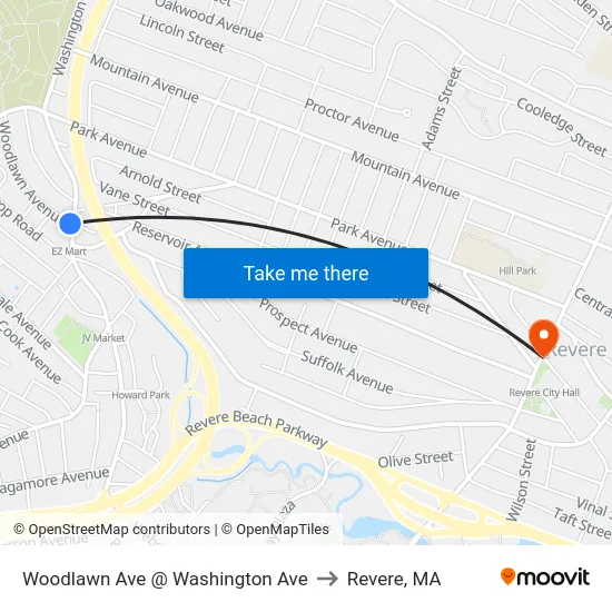 Woodlawn Ave @ Washington Ave to Revere, MA map