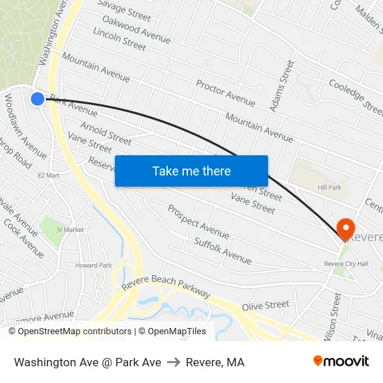 Washington Ave @ Park Ave to Revere, MA map