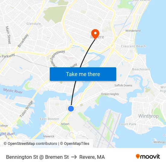 Bennington St @ Bremen St to Revere, MA map