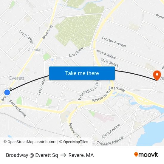 Broadway @ Everett Sq to Revere, MA map