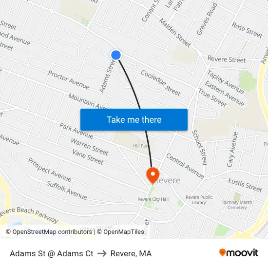 Adams St @ Adams Ct to Revere, MA map