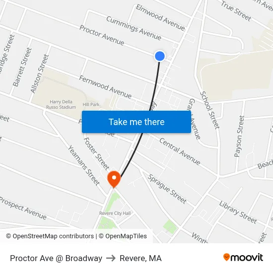 Proctor Ave @ Broadway to Revere, MA map