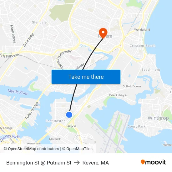 Bennington St @ Putnam St to Revere, MA map