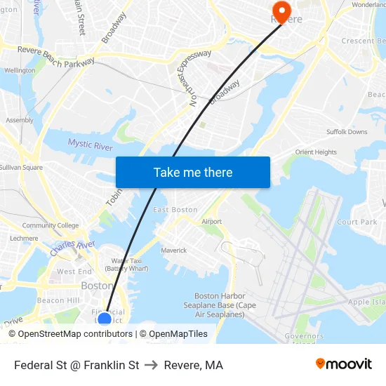 Federal St @ Franklin St to Revere, MA map
