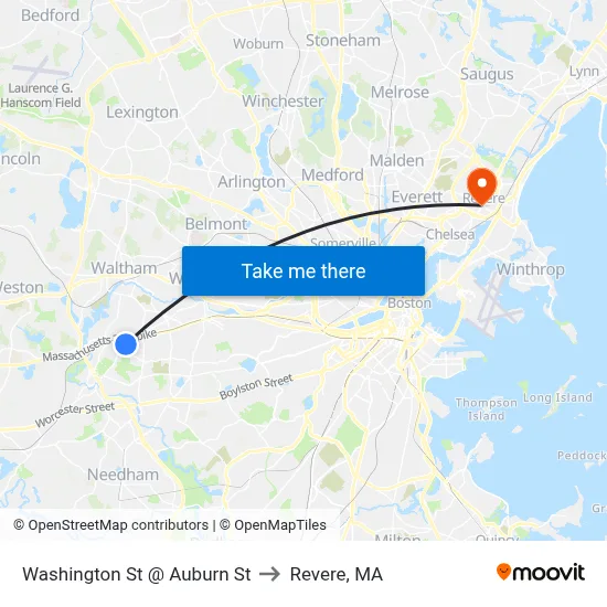 Washington St @ Auburn St to Revere, MA map