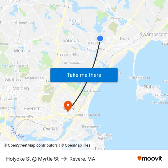 Holyoke St @ Myrtle St to Revere, MA map