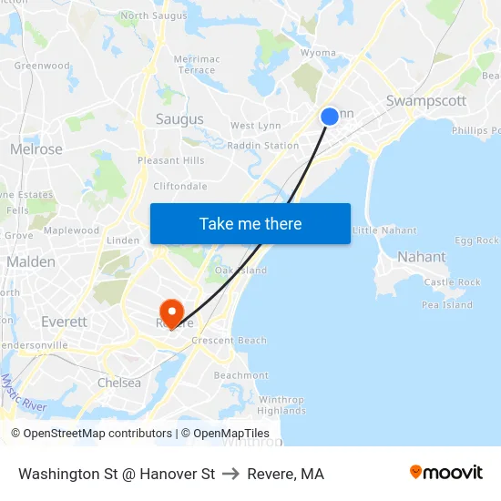 Washington St @ Hanover St to Revere, MA map