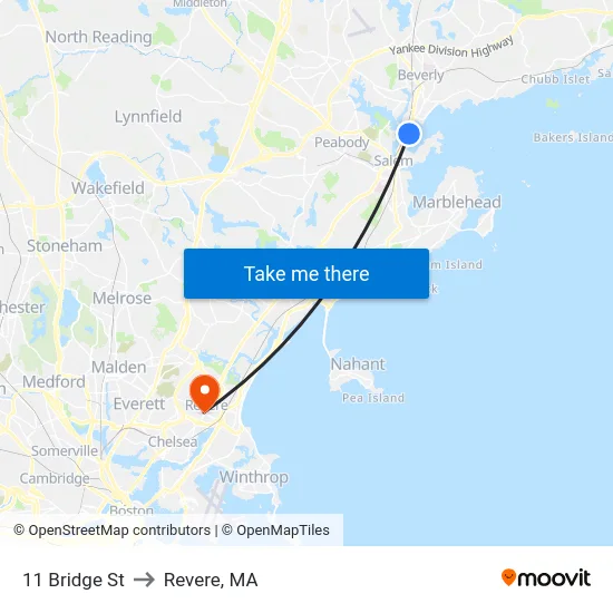 11 Bridge St to Revere, MA map
