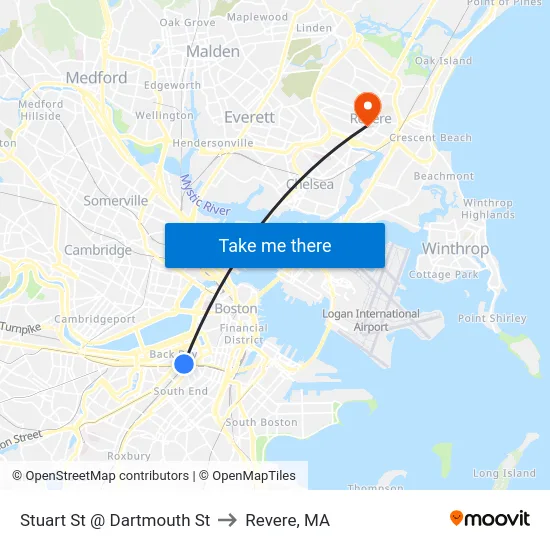 Stuart St @ Dartmouth St to Revere, MA map