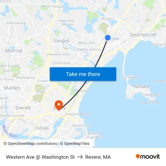 Western Ave @ Washington St to Revere, MA map