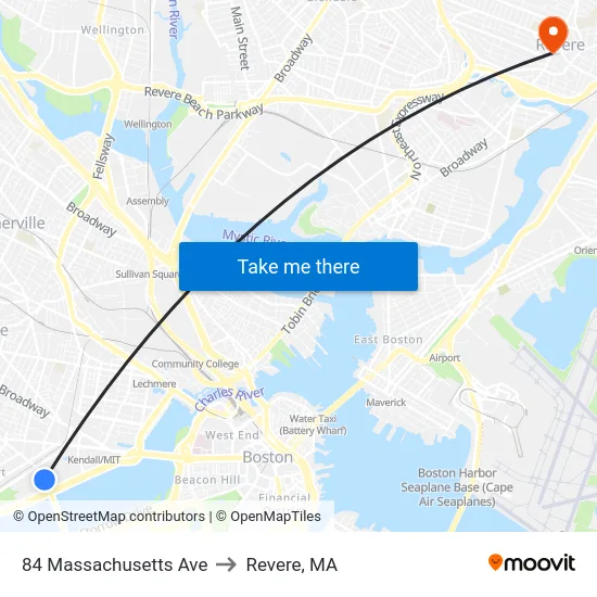 84 Massachusetts Ave to Revere, MA map