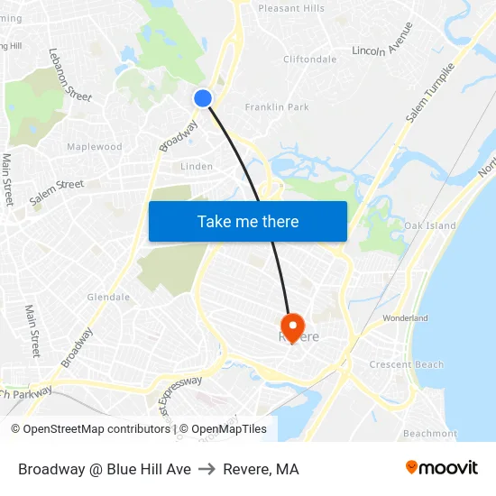 Broadway @ Blue Hill Ave to Revere, MA map