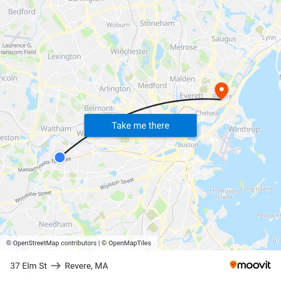 37 Elm St to Revere, MA map