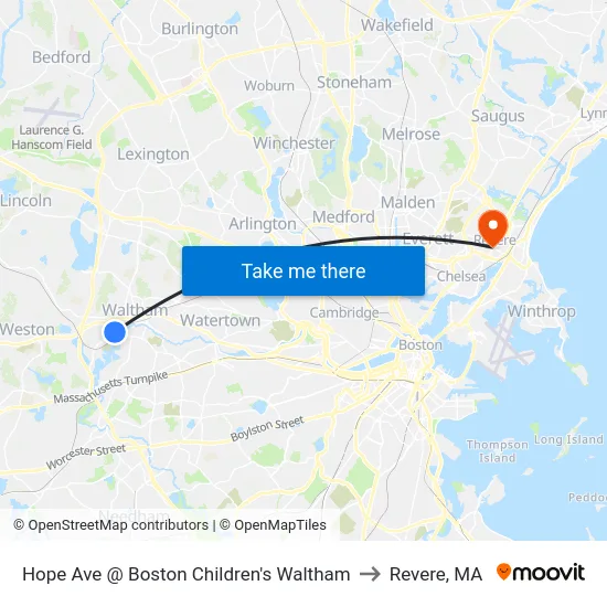 Hope Ave @ Boston Children's Waltham to Revere, MA map