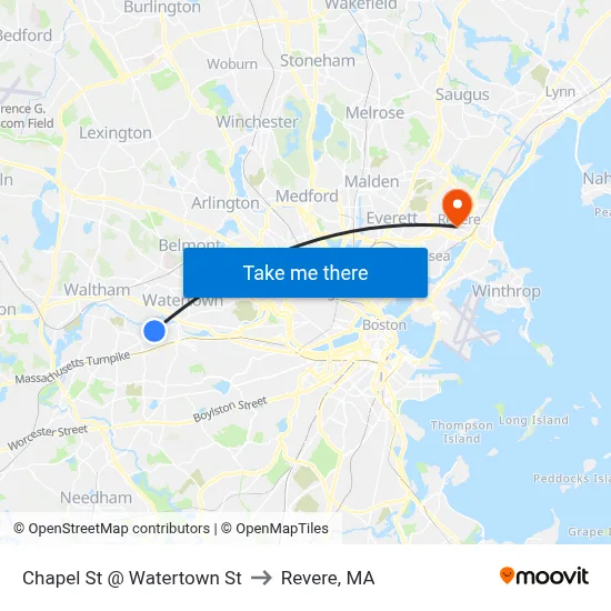 Chapel St @ Watertown St to Revere, MA map