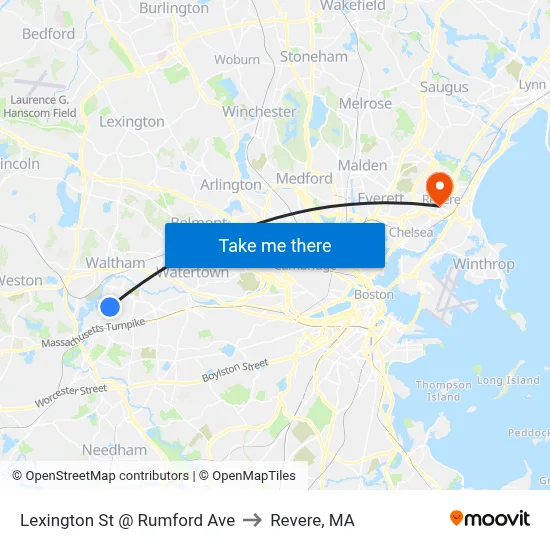Lexington St @ Rumford Ave to Revere, MA map