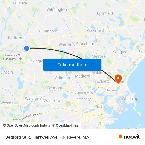 Bedford St @ Hartwell Ave to Revere, MA map