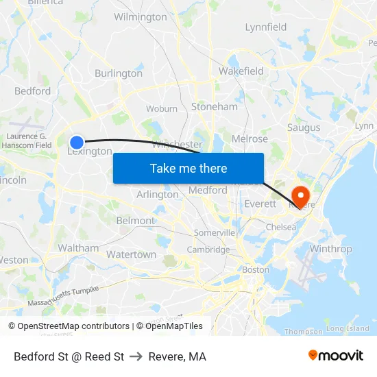Bedford St @ Reed St to Revere, MA map