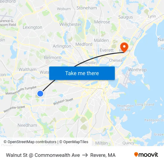 Walnut St @ Commonwealth Ave to Revere, MA map