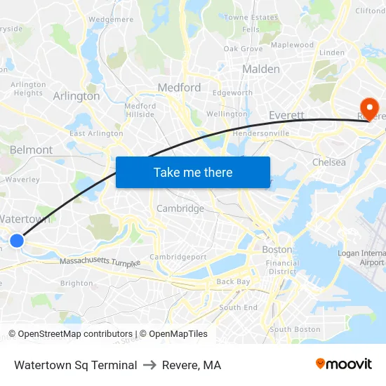 Watertown Sq Terminal to Revere, MA map