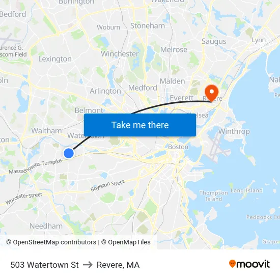 503 Watertown St to Revere, MA map