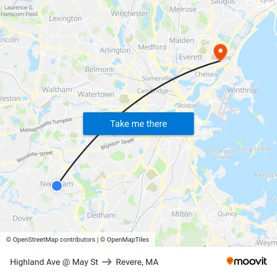 Highland Ave @ May St to Revere, MA map