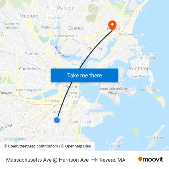 Massachusetts Ave @ Harrison Ave to Revere, MA map