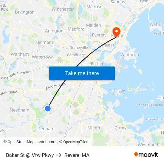 Baker St @ Vfw Pkwy to Revere, MA map