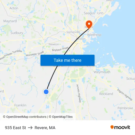 935 East St to Revere, MA map