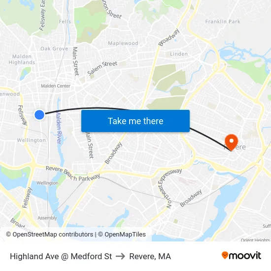 Highland Ave @ Medford St to Revere, MA map