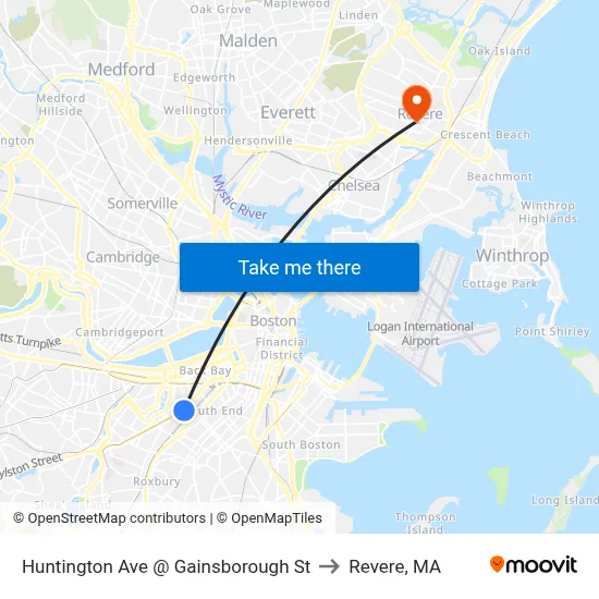 Huntington Ave @ Gainsborough St to Revere, MA map