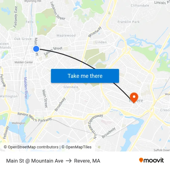 Main St @ Mountain Ave to Revere, MA map