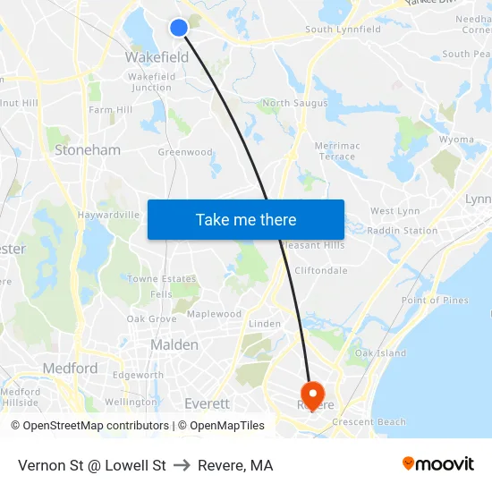 Vernon St @ Lowell St to Revere, MA map